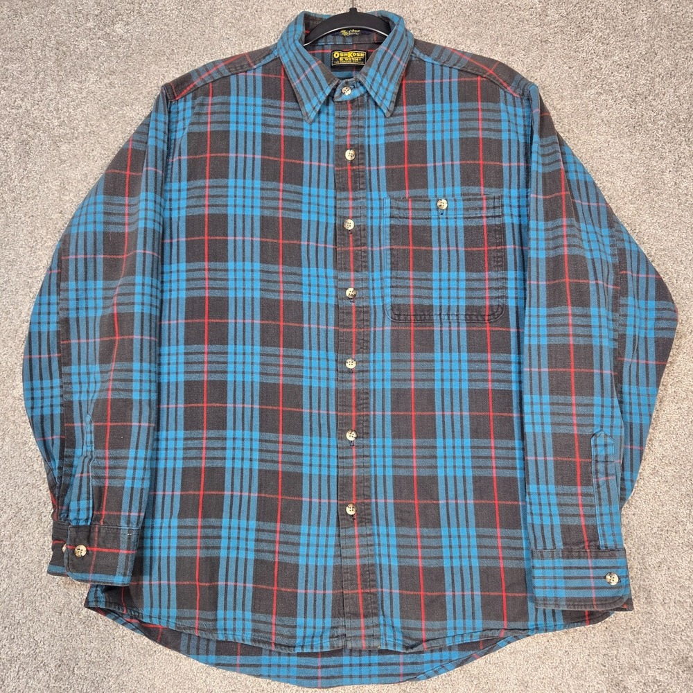 Vintage OshKosh B'gosh Men's XL Flannel Blue red black 100% Cotton Made In USA